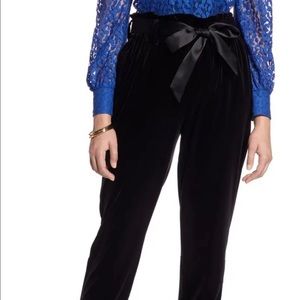 Halogen Paperbag Waist Black Velour Stretchy Ankle Pants w/ Ribbon Tie Belt; 2X